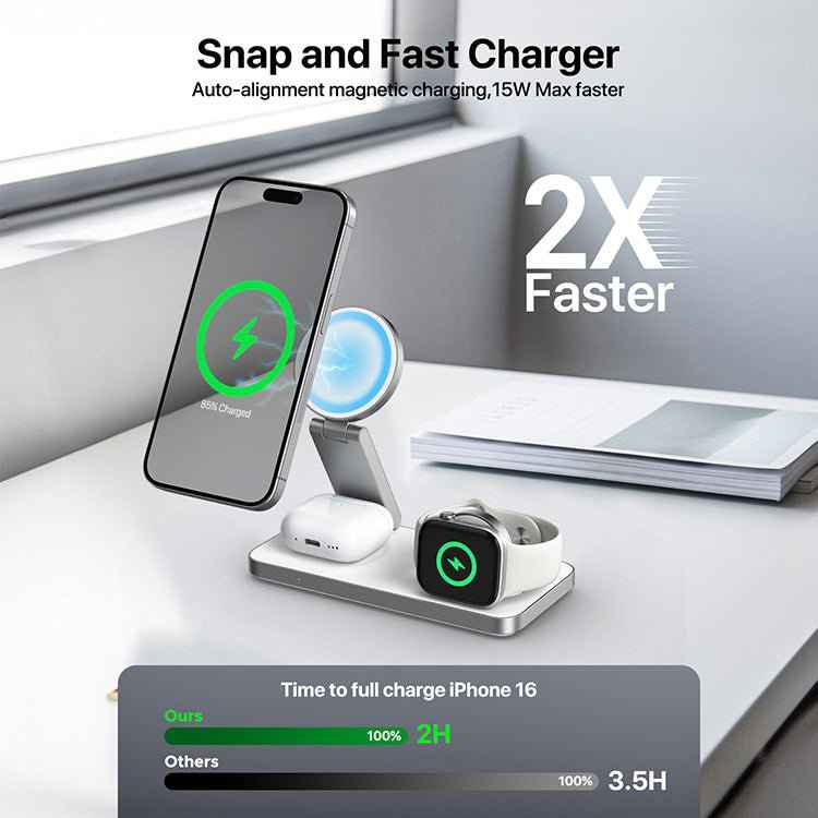 3-in-1 Foldable Magnetic Wireless Charger - Fast Charging Dock Station for MagSafe iPhone 12-16, Apple Watch Series 4-10, AirPods Pro & More - Tendora