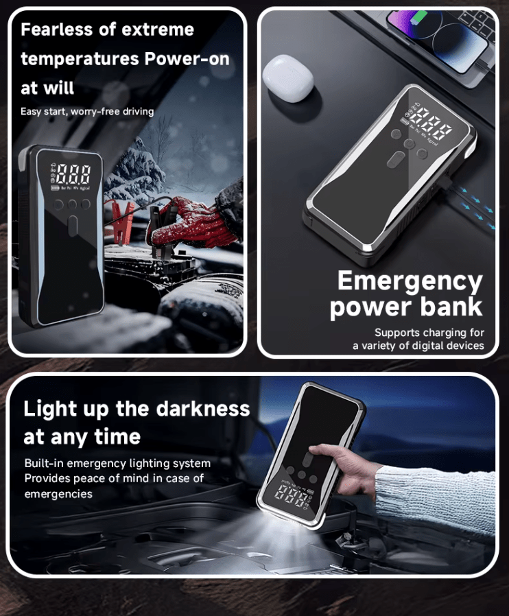 12V Car Jump Starter Power Bank 8000mAh/12000mAh Multi - Function Emergency Battery with LED, Air Pump Compressor & Inflator 4 in 1 function - Tendora