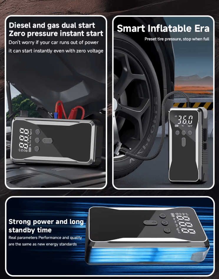 12V Car Jump Starter Power Bank 8000mAh/12000mAh Multi - Function Emergency Battery with LED, Air Pump Compressor & Inflator 4 in 1 function - Tendora