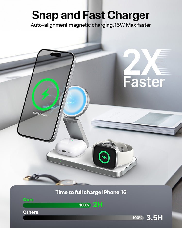 3 - in - 1 Magnetic Foldable Wireless Charging Dock Station - Fast Charging Compatible with MagSafe (iPhone 16/15/14/13/12), Apple Watch 4 5 6 7 8 9 10 SE/Ultra & AirPods Pro/4/3/2 - Tendora