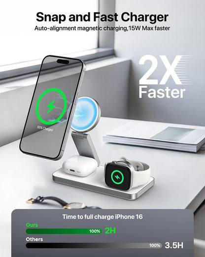3 - in - 1 Magnetic Foldable Wireless Charging Dock Station - Fast Charging Compatible with MagSafe (iPhone 16/15/14/13/12), Apple Watch 4 5 6 7 8 9 10 SE/Ultra & AirPods Pro/4/3/2 - Tendora