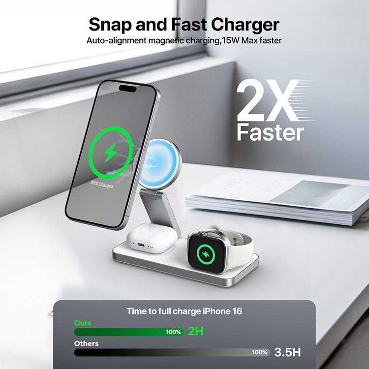 3 - in - 1 Magnetic Foldable Wireless Charging Dock Station - Fast Charging Compatible with MagSafe (iPhone 16/15/14/13/12), Apple Watch 4 5 6 7 8 9 10 SE/Ultra & AirPods Pro/4/3/2 - Tendora