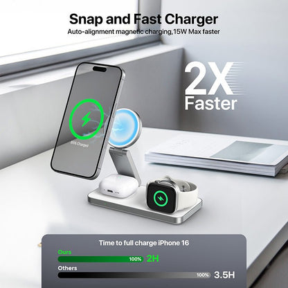 3 - in - 1 Magnetic Foldable Wireless Charging Dock Station - Fast Charging Compatible with MagSafe (iPhone 16/15/14/13/12), Apple Watch 4 5 6 7 8 9 10 SE/Ultra & AirPods Pro/4/3/2 - Tendora