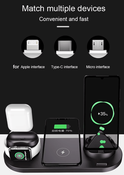 6 - in - 1 Fast Wireless Charging Dock Station – 15W Qi + 27W Total Output | Multi - Device Charging Stand - Tendora