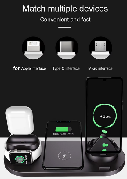 6-in-1 Fast Wireless Charging Dock Station – 15W Qi + 27W Total Output | Multi-Device Charging Stand