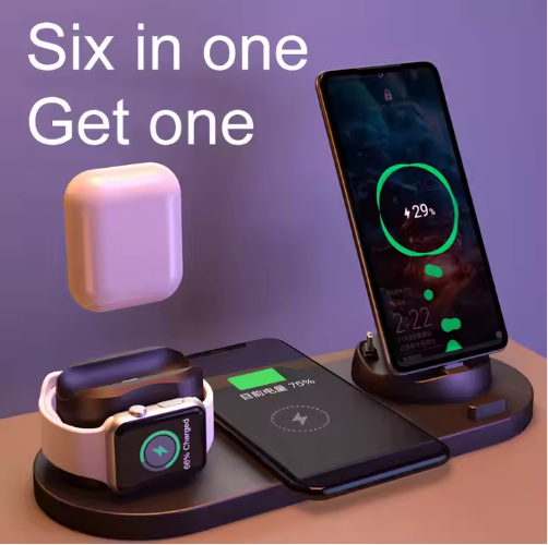 6-in-1 Fast Wireless Charging Dock Station – 15W Qi + 27W Total Output | Multi-Device Charging Stand