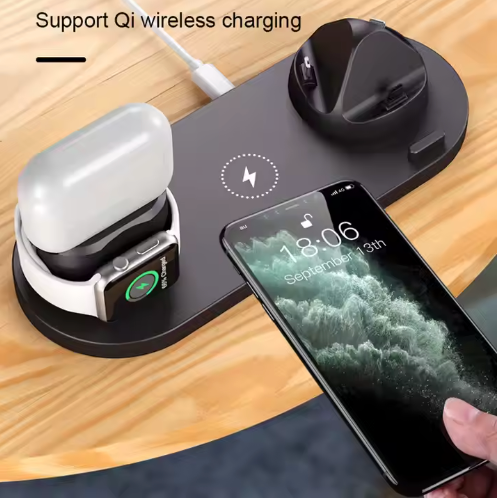 6-in-1 Fast Wireless Charging Dock Station – 15W Qi + 27W Total Output | Multi-Device Charging Stand