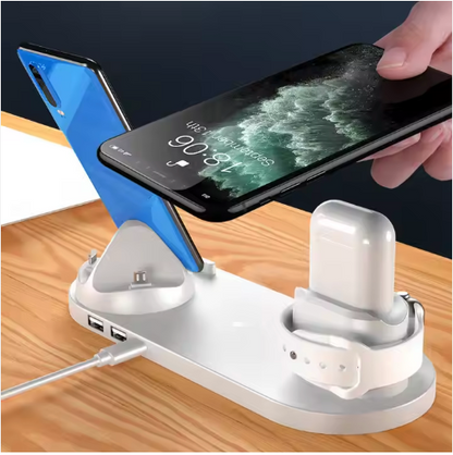6-in-1 Fast Wireless Charging Dock Station – 15W Qi + 27W Total Output | Multi-Device Charging Stand