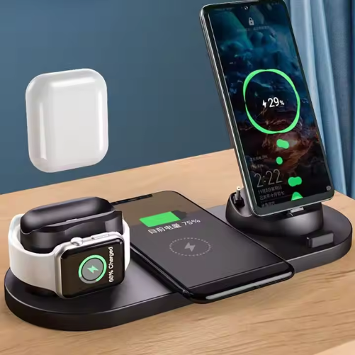 6-in-1 Fast Wireless Charging Dock Station – 15W Qi + 27W Total Output | Multi-Device Charging Stand