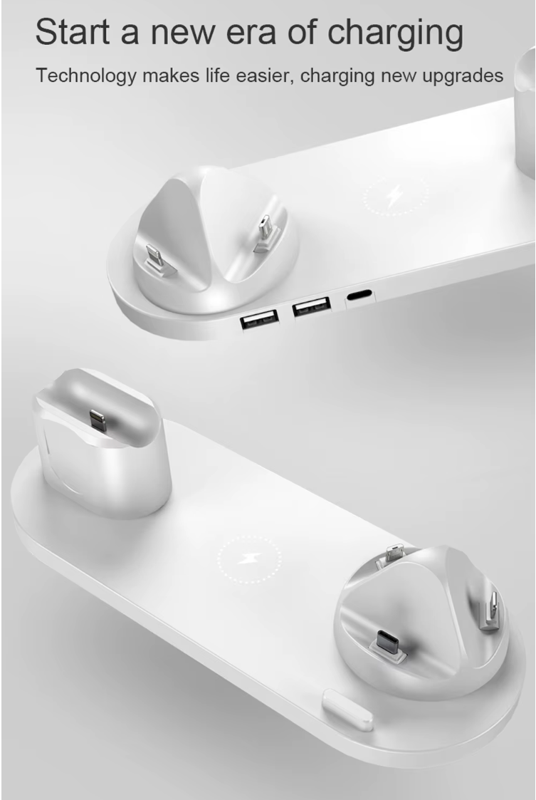 6-in-1 Fast Wireless Charging Dock Station – 15W Qi + 27W Total Output | Multi-Device Charging Stand