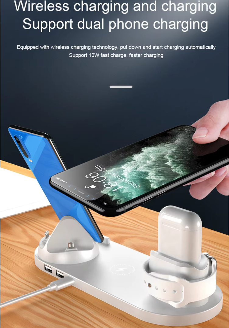6-in-1 Fast Wireless Charging Dock Station – 15W Qi + 27W Total Output | Multi-Device Charging Stand