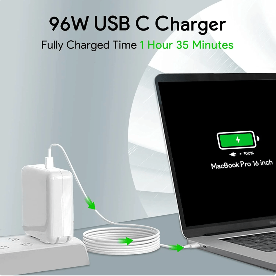 96W USB-C Power Adapter – Fast Charging for MacBook Pro/Air, iPad Pro, Dell XPS, Smartphones with 6.6ft Cable - Tendora