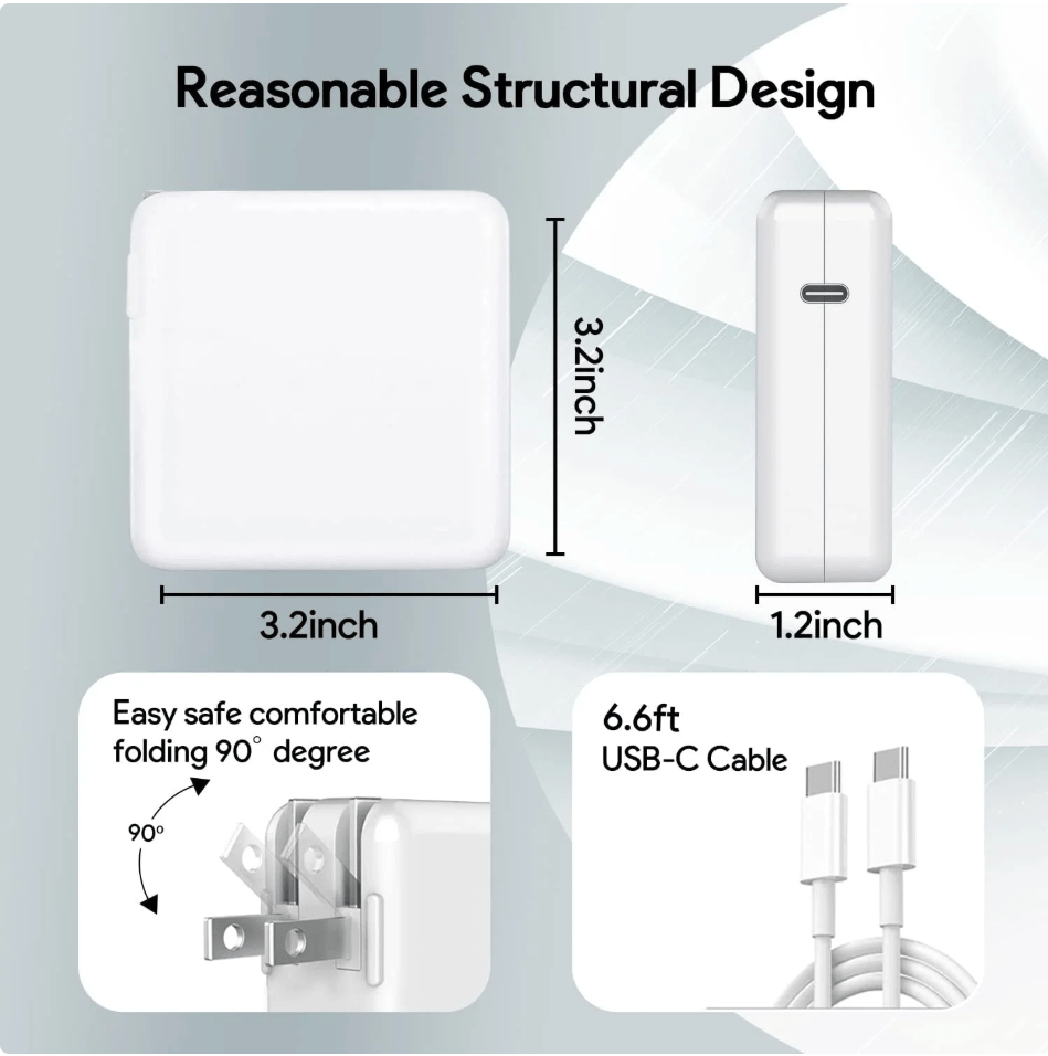 96W USB-C Power Adapter – Fast Charging for MacBook Pro/Air, iPad Pro, Dell XPS, Smartphones with 6.6ft Cable - Tendora