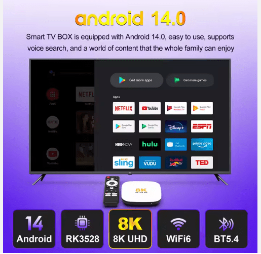H96 Max Android TV Box 8K UHD - 4GB RAM, 128GB Storage, Quad Core Rockchip, WiFi 6, BT 5.4 - Tendora