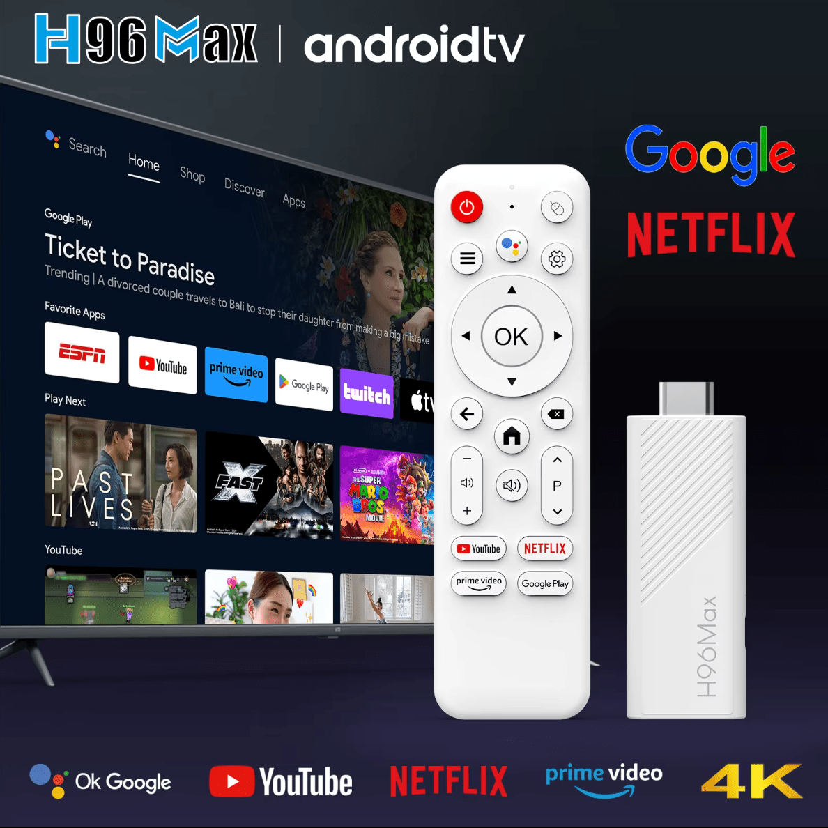 H96 Max Android TV Stick 4K UHD | WiFi 6 Dual Band | Android 14 | Quad - Core Allwinner H313 | HDR Smart Streaming Media Player - Tendora