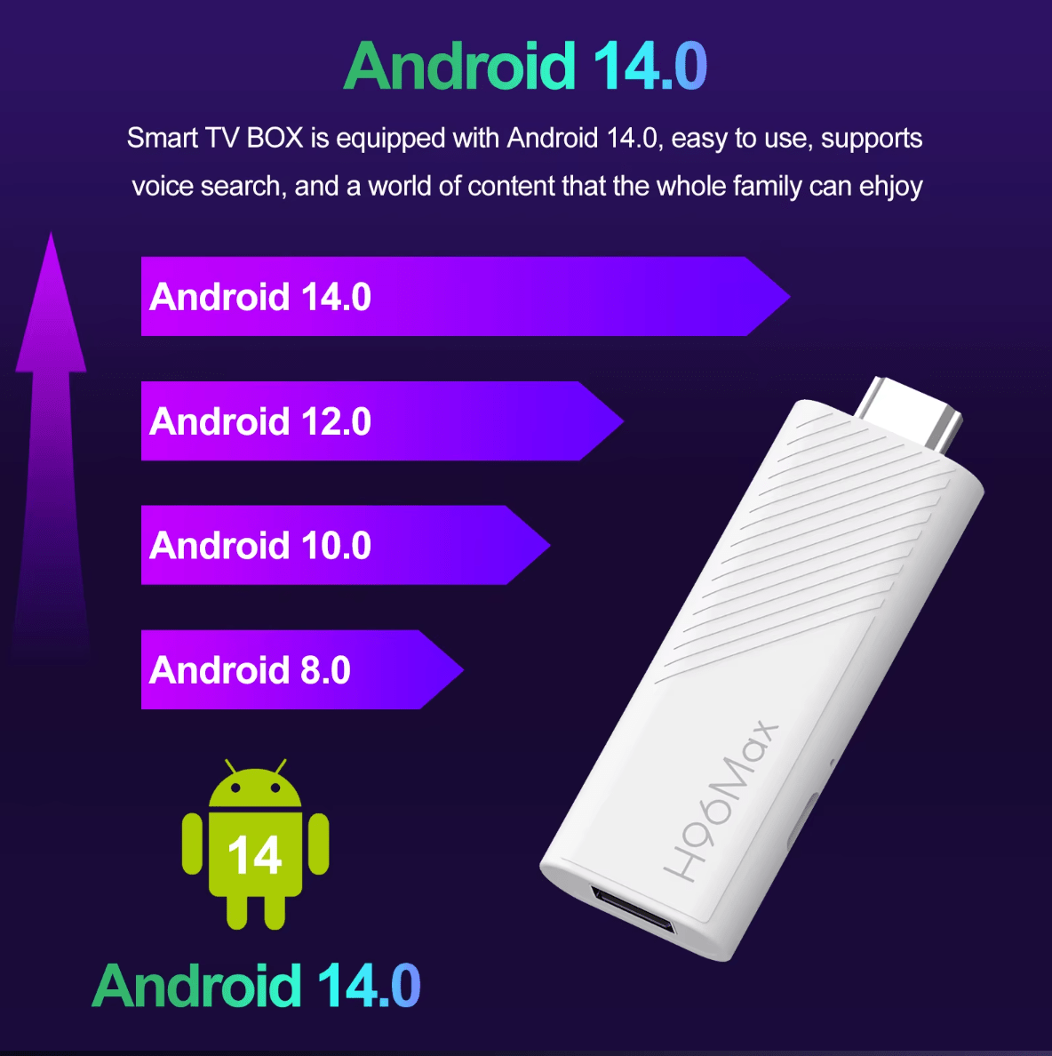 H96 Max Android TV Stick 4K UHD | WiFi 6 Dual Band | Android 14 | Quad - Core Allwinner H313 | HDR Smart Streaming Media Player - Tendora