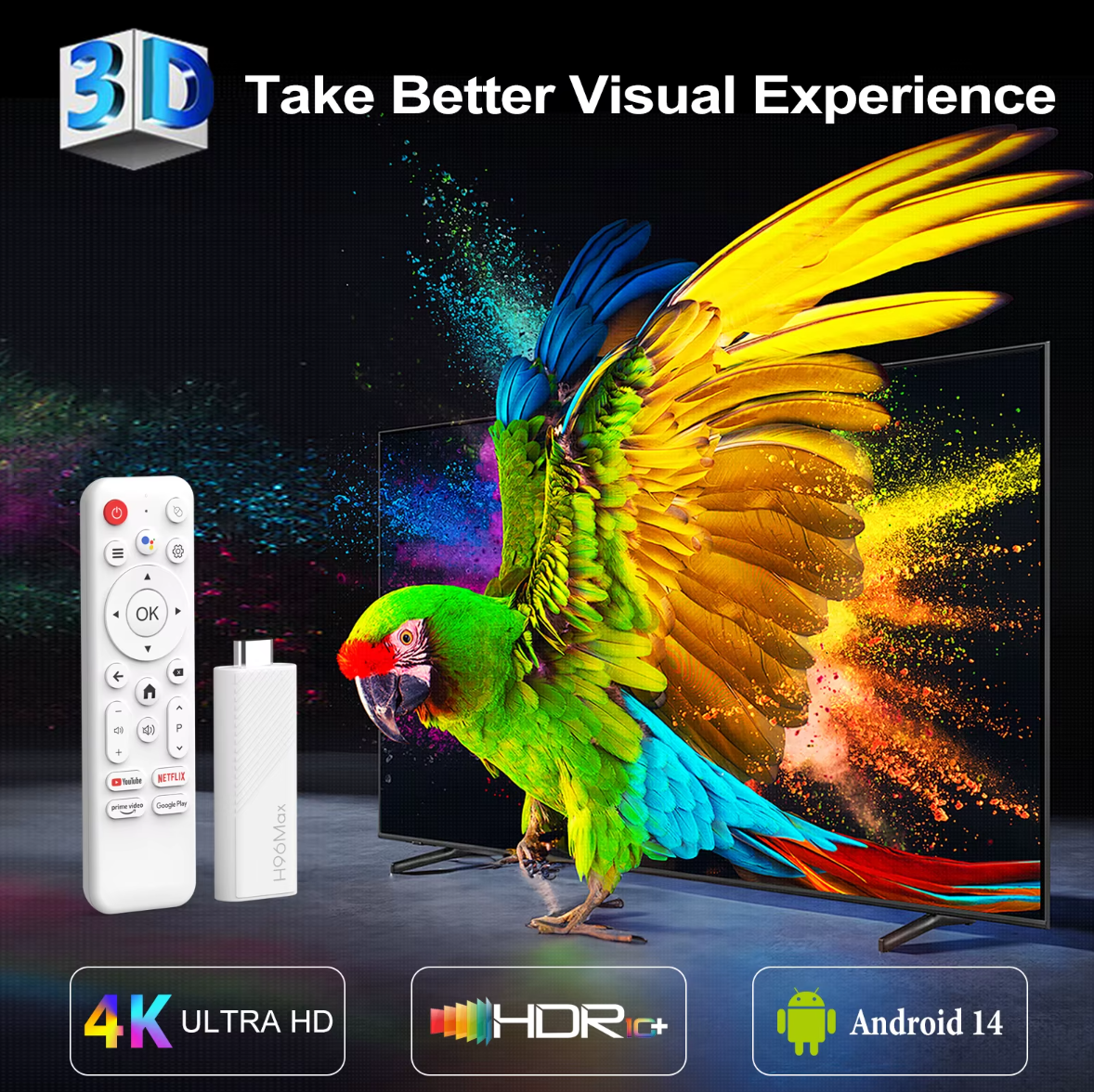 H96 Max Android TV Stick 4K UHD | WiFi 6 Dual Band | Android 14 | Quad - Core Allwinner H313 | HDR Smart Streaming Media Player - Tendora