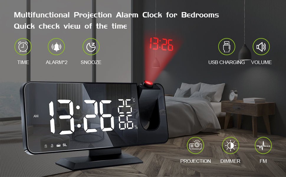 LED Projection Digital Alarm Clock Phone Charger - Tendora