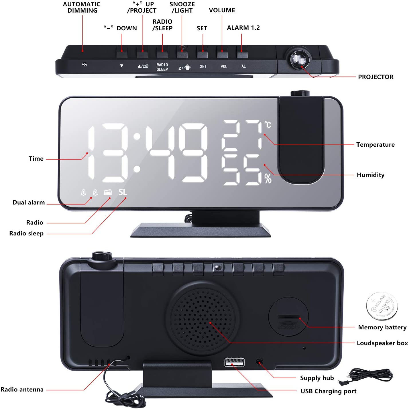 LED Projection Digital Alarm Clock Phone Charger - Tendora