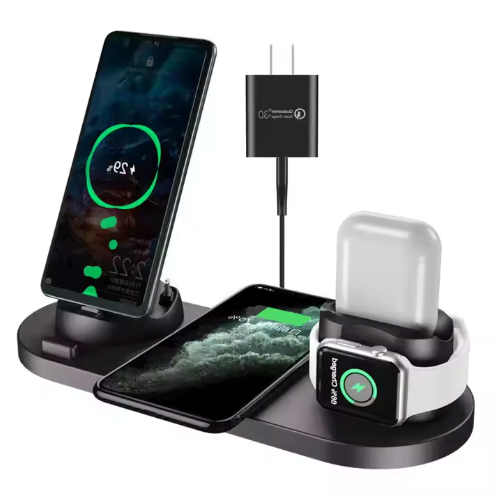 6-in-1 Fast Wireless Charging Dock Station – 15W Qi + 27W Total Output | Multi-Device Charging Stand