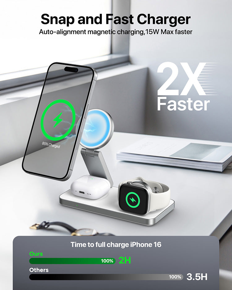 3-in-1 Magnetic Wireless Charger Foldable for iphone 16,15, 14,13,12 Airpod 2025